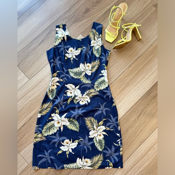 Vintage Dresses & Skirts - 90s Vintage Ky’s Navy White Floral Tropical Palm Tree Dress